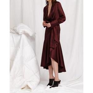 acler burgundy dress Burgundy Wrap Satin Dress With Flutter Sleeves – Désir Couture main image 1